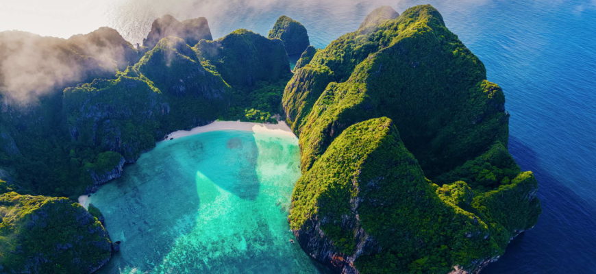 Maya Bay Koh Phi Phi Thailand, Turquoise clear water Thailand Koh Pi Pi, Scenic aerial view of Koh Phi Phi Island in Thailand drone view