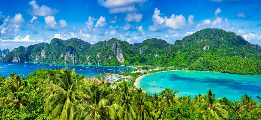 Panorama of tropical islands Phi Phi Don and Phi Phi Leh in sea. Crabi, Thailand
